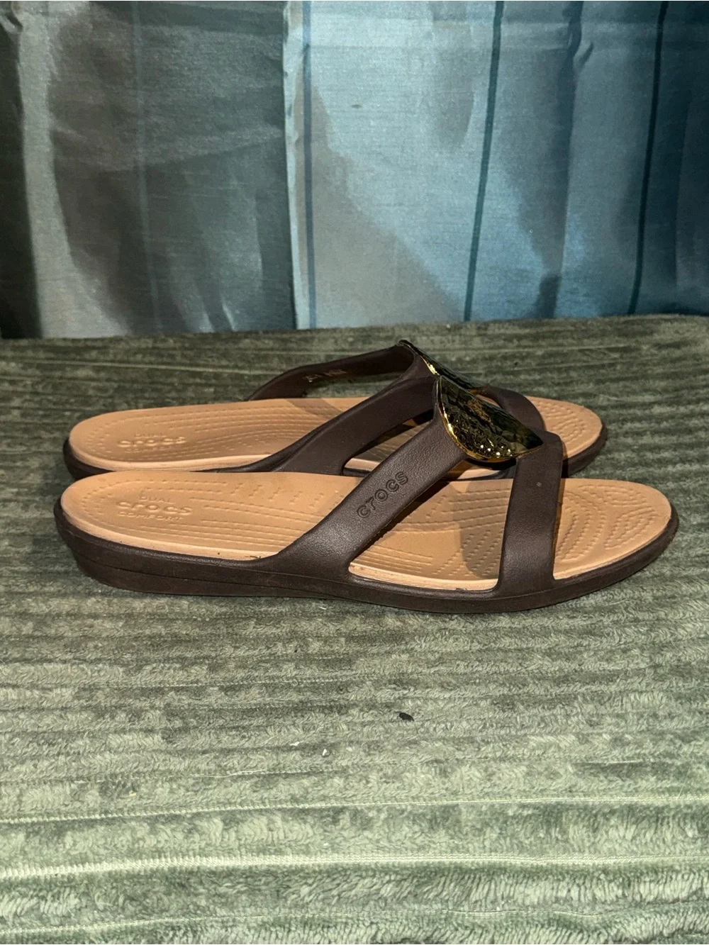 CROCS Women's Chocolate Brown and Tan Flip Sandals with Decorative Accent